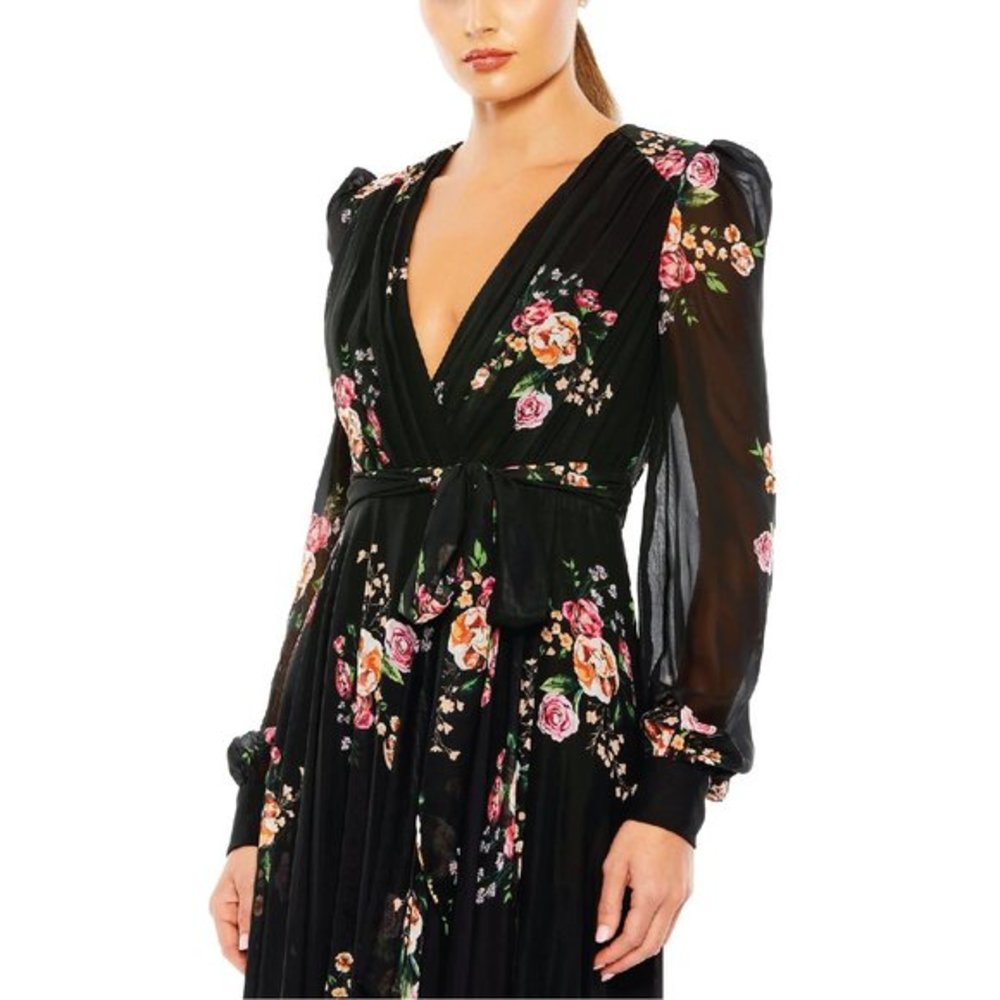Mac Duggal Belted Floral Print Illusion Long Sleeve Maxi Gown Black Multi Size 6 - Picture 3 of 11